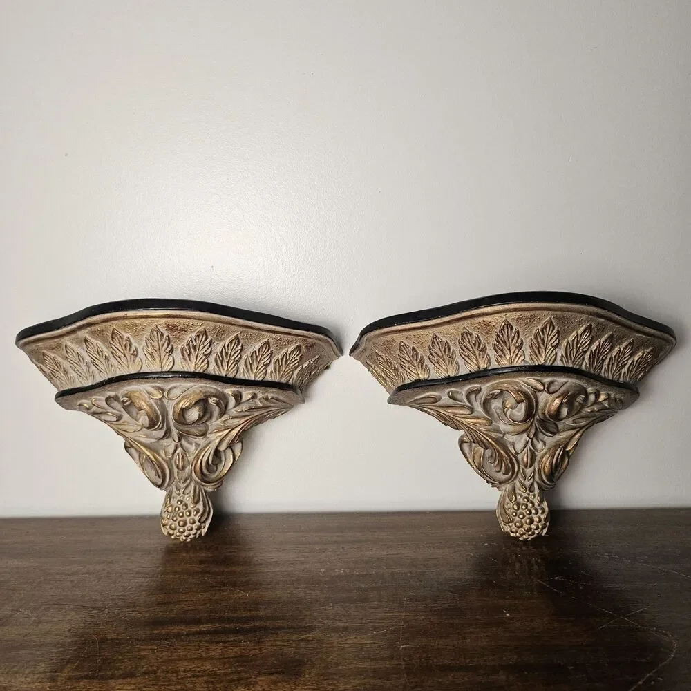 Vintage Pair of Italian-Style Wall Sconce Shelves – Distressed Ivory & Gold